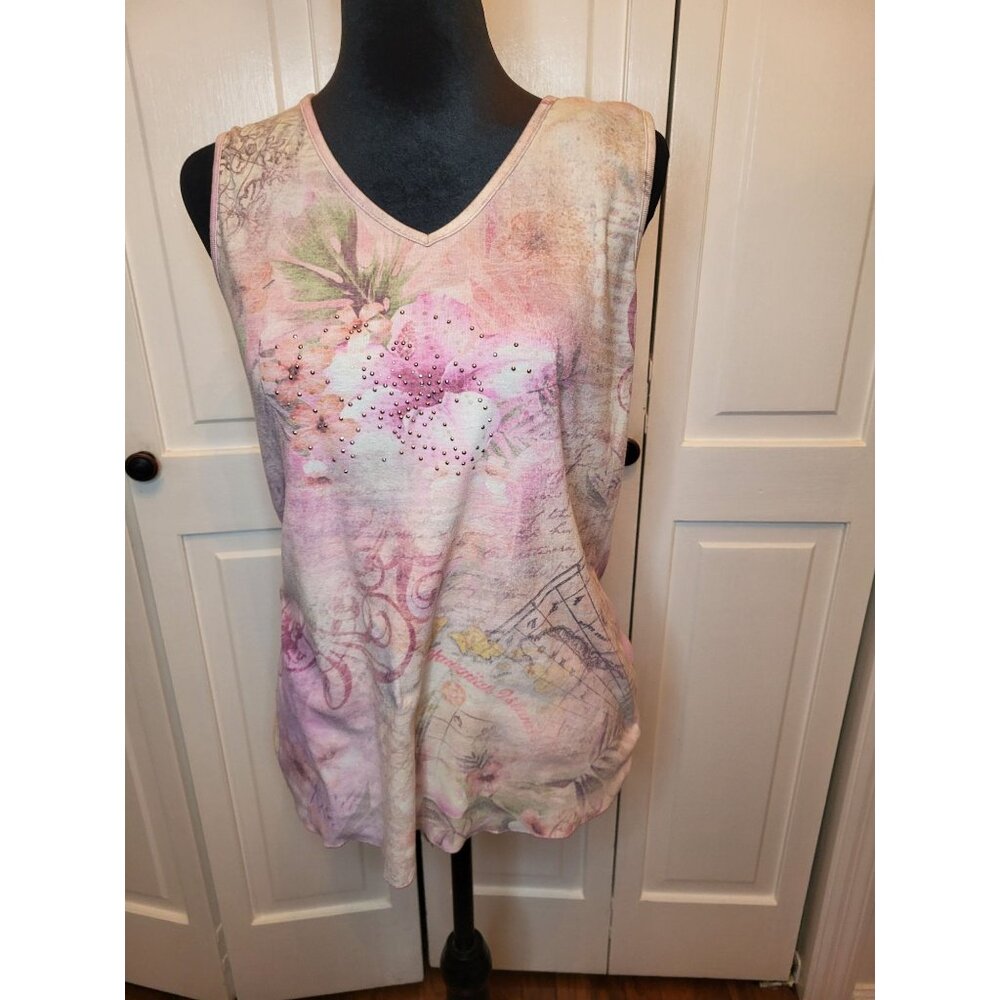 Y2K Pink Floral Hawaii Map Tank Top Rhinestones M Fairy Glam Tropical Resortwear
